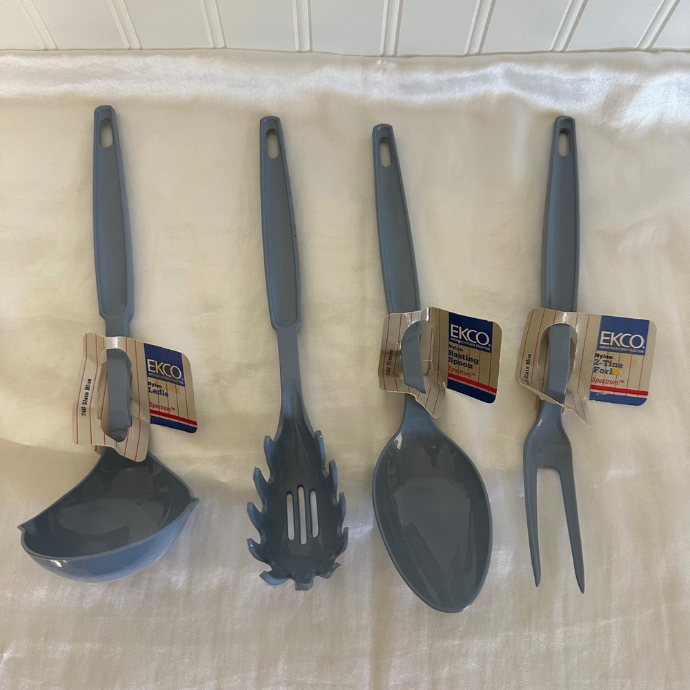 Ekco Kitchen Utensil Set NWT Slate Blue New Nylon Ladle Spoon Fork 4pc Nostalgia